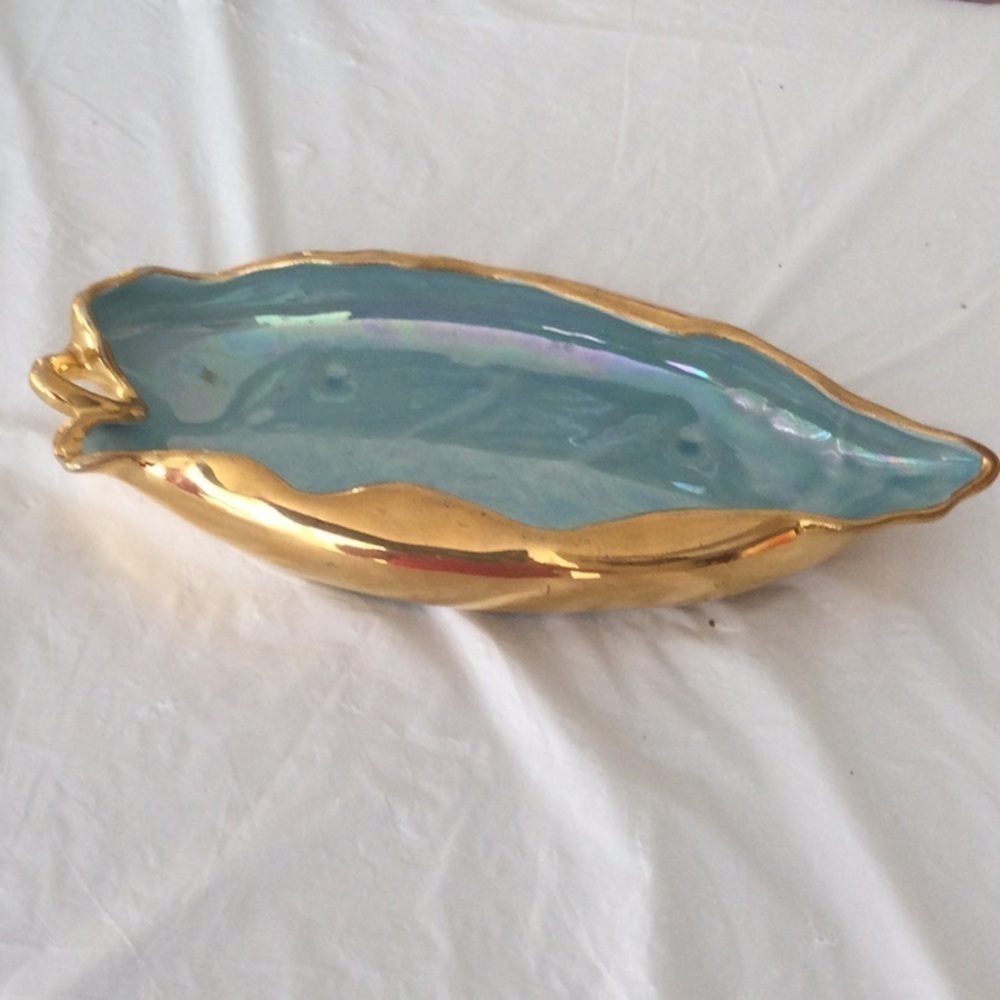 Ceramic Candy Dish 22k gold paint around rim Turquoise pearl color inside
